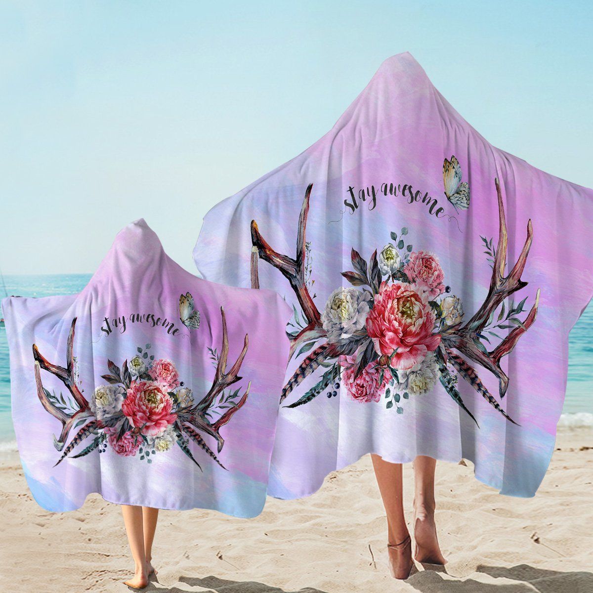 Stay Awesome Antlers Pink Printed Hooded Towel