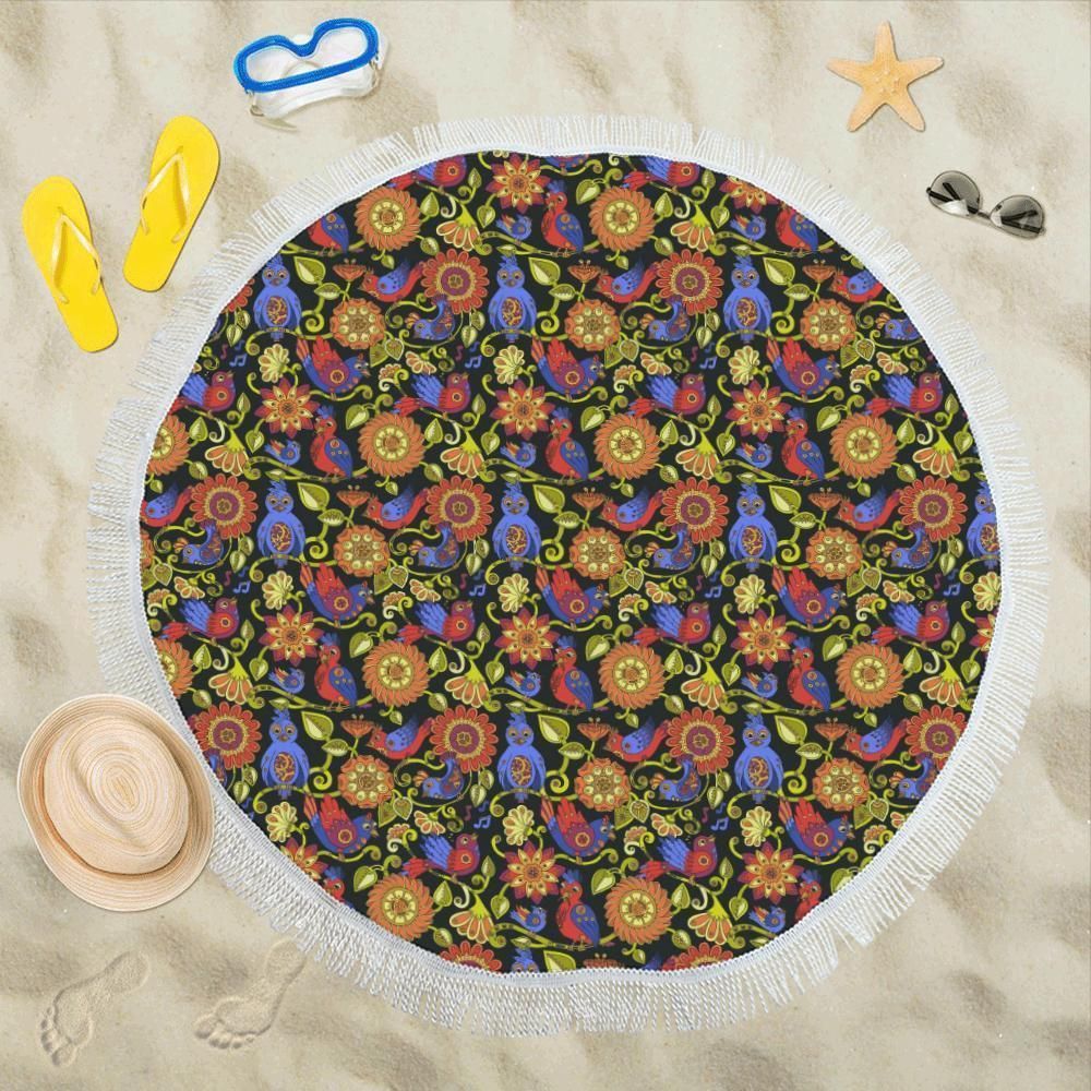 Steampunk Bird Design Themed Printed Round Beach Towel