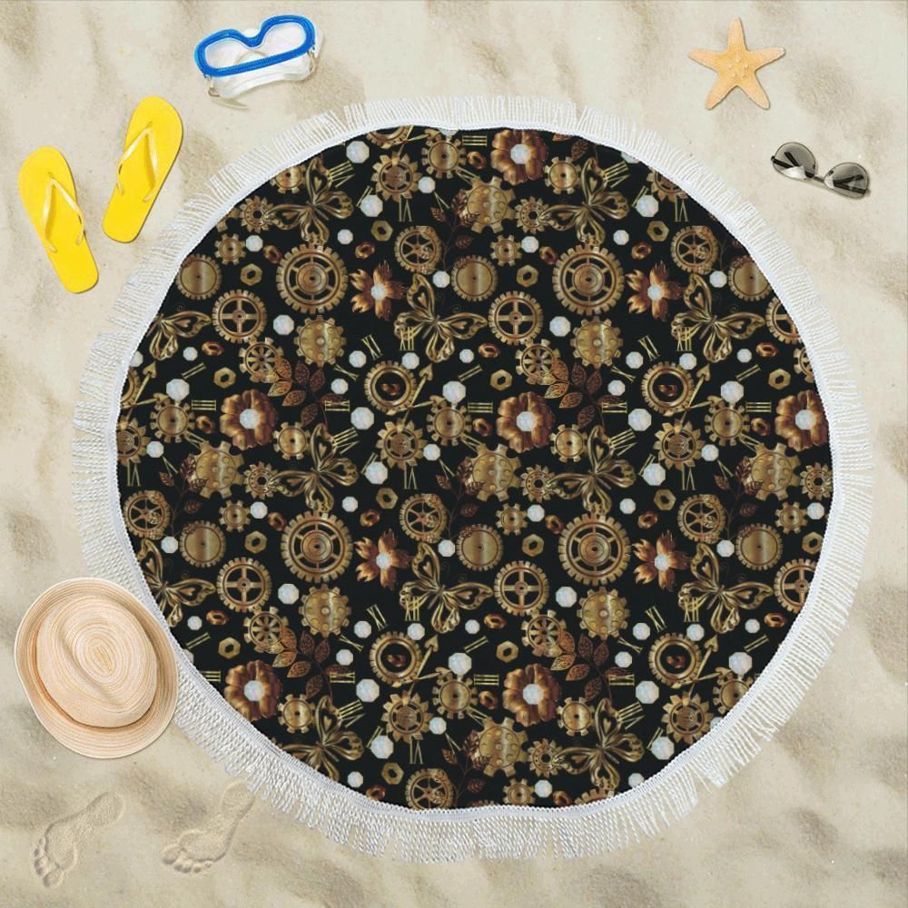 Steampunk Butterfly Design Themed Printed Round Beach Towel