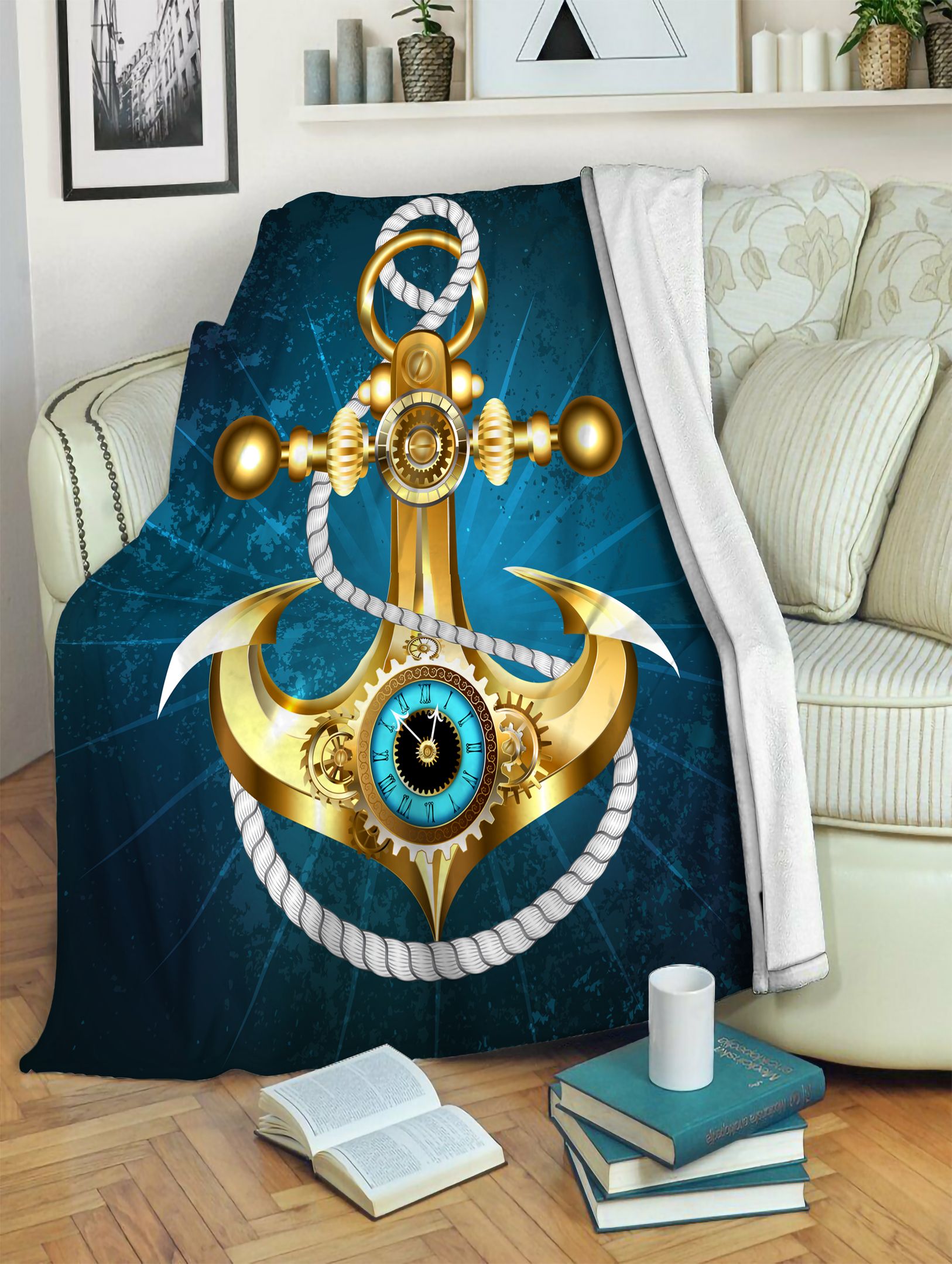 Steampunk Gold Anchor Fleece Blanket
