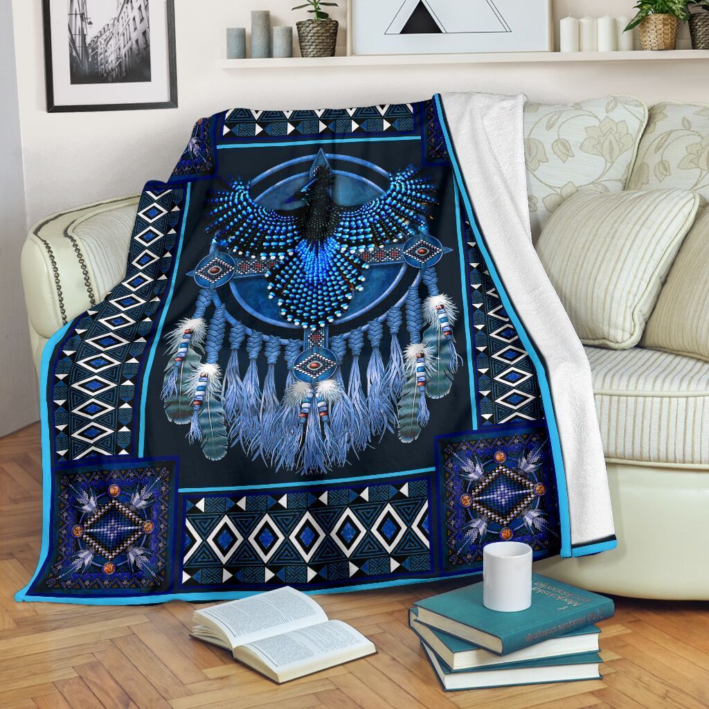 Stellers Jay Bird Native American Dreamcatcher Blue Fleece Blanket Fleece Blanket