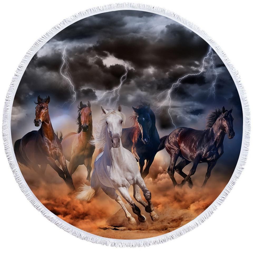 Storm Galloping Horse Running Printed Round Beach Towel