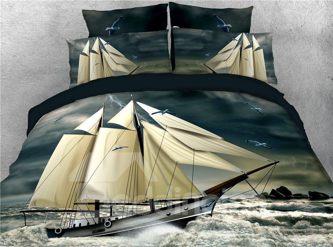 Stormy Weather Waves Pirate Ship Sailing Bedding Set