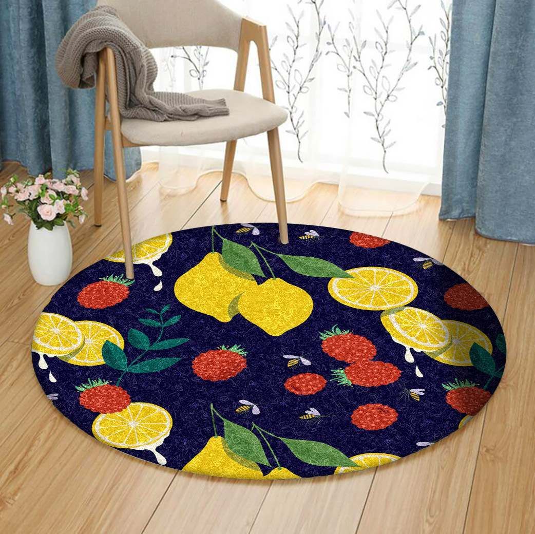 Strawberry Lemon And Bee Round Carpet
