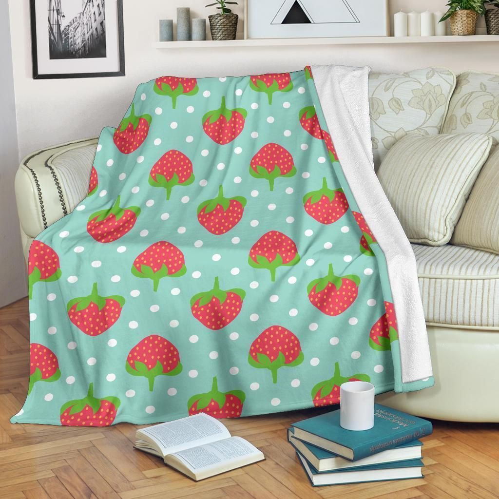 Strawberry Pattern Blue Polka Dot Design Print Fleece Blanket