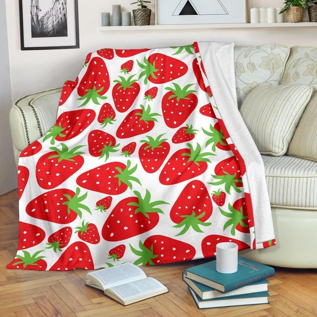 Strawberry Pattern Print Design White Fleece Blanket
