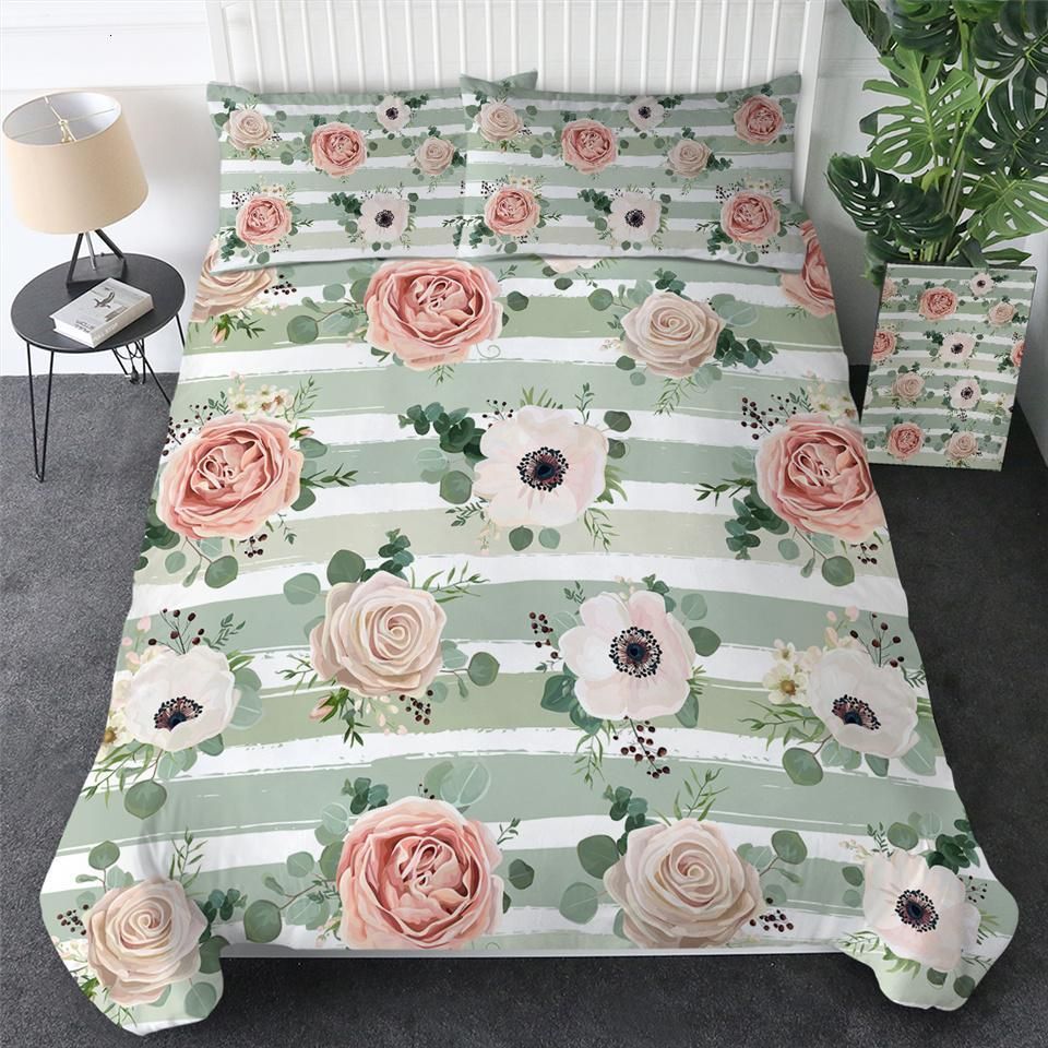 Stripe Pink Flowers Bedding Set