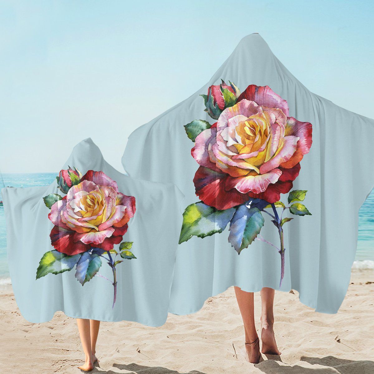 Stunning Rose Light Blue Printed Hooded Towel