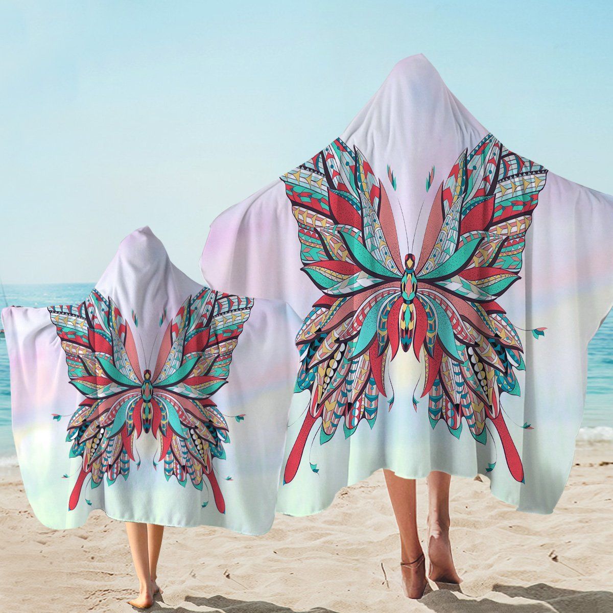 Stylized Butterfly On White Pattern Printed Hooded Towel
