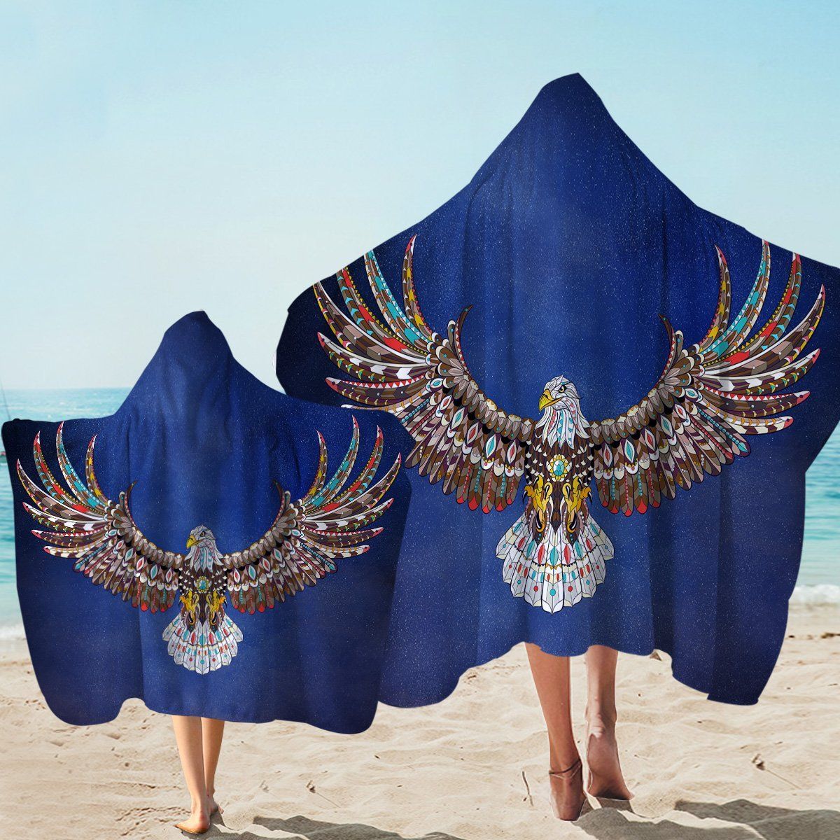 Stylized Eagle In Blue Printed Hooded Towel