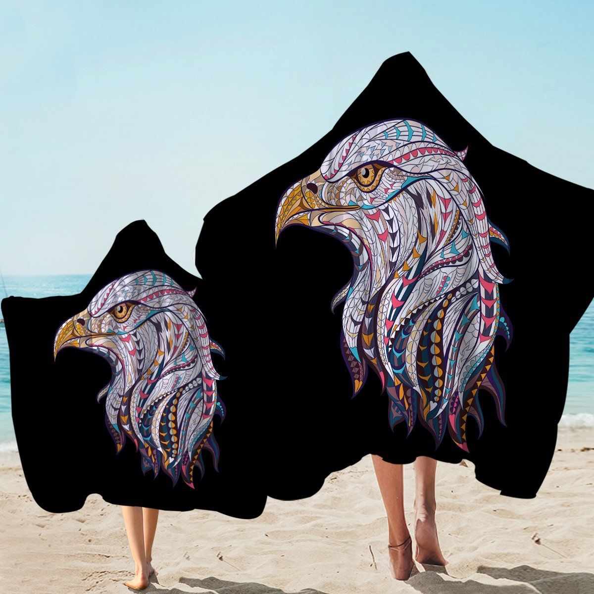Stylized Hawk On Black Pattern Printed Hooded Towel
