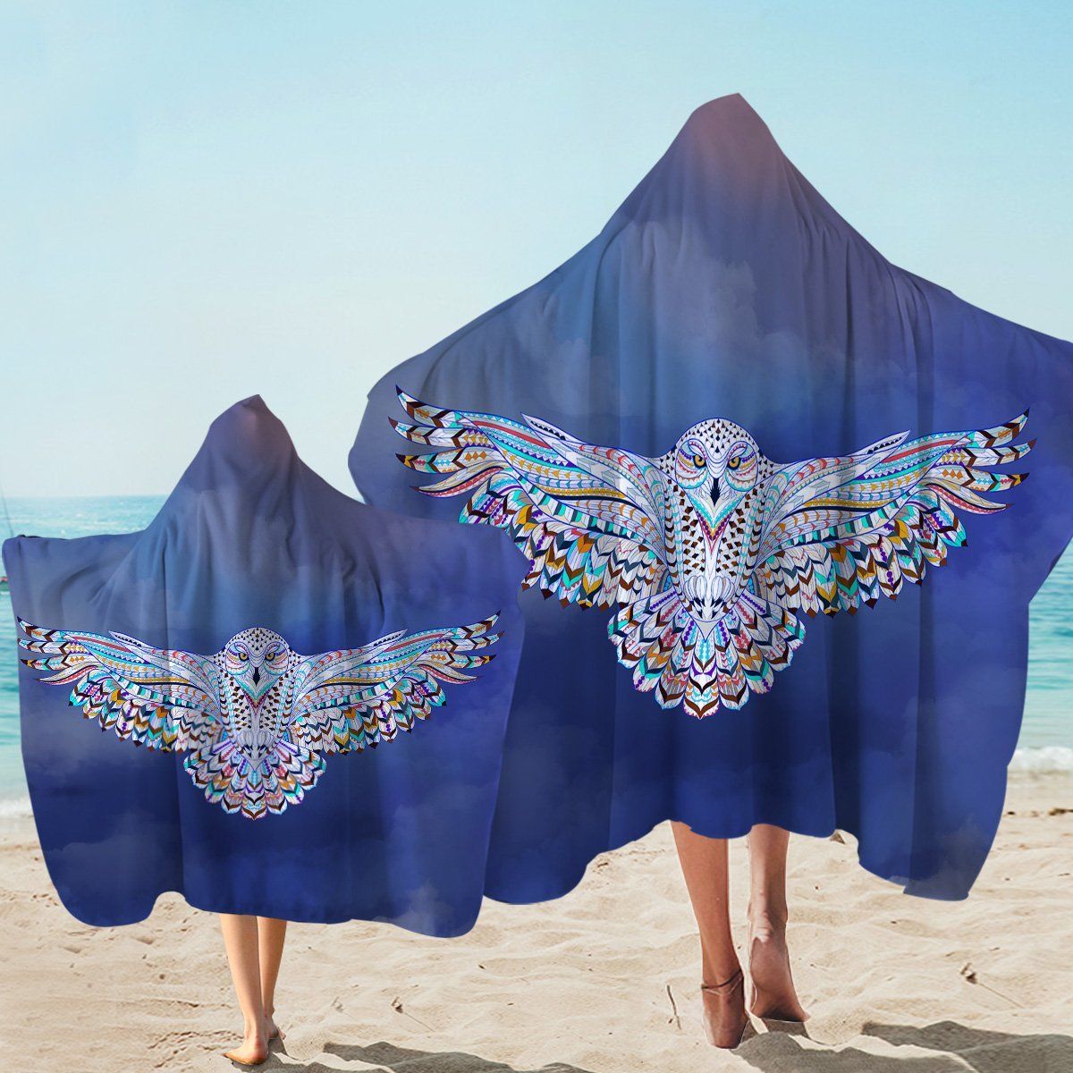 Stylized Owl Cloud Printed Hooded Towel