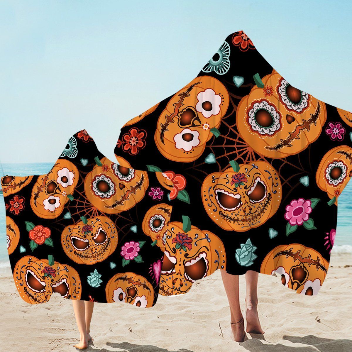 Stylized Pumpkins And Flowers Happy Halloween Printed Hooded Towel