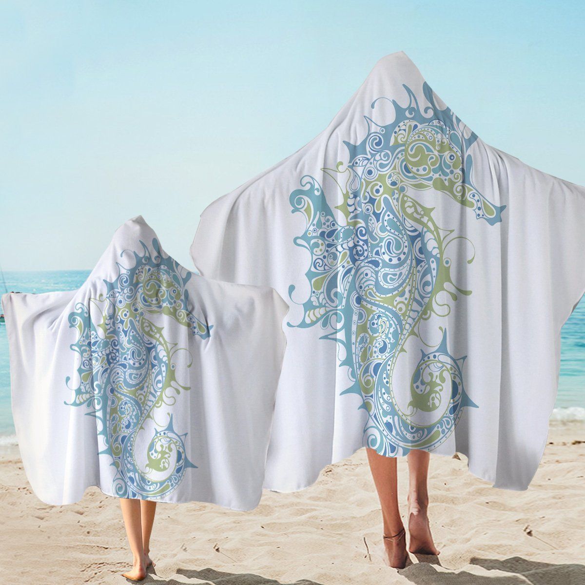 Stylized Seahorse Mandala Style Printed Hooded Towel