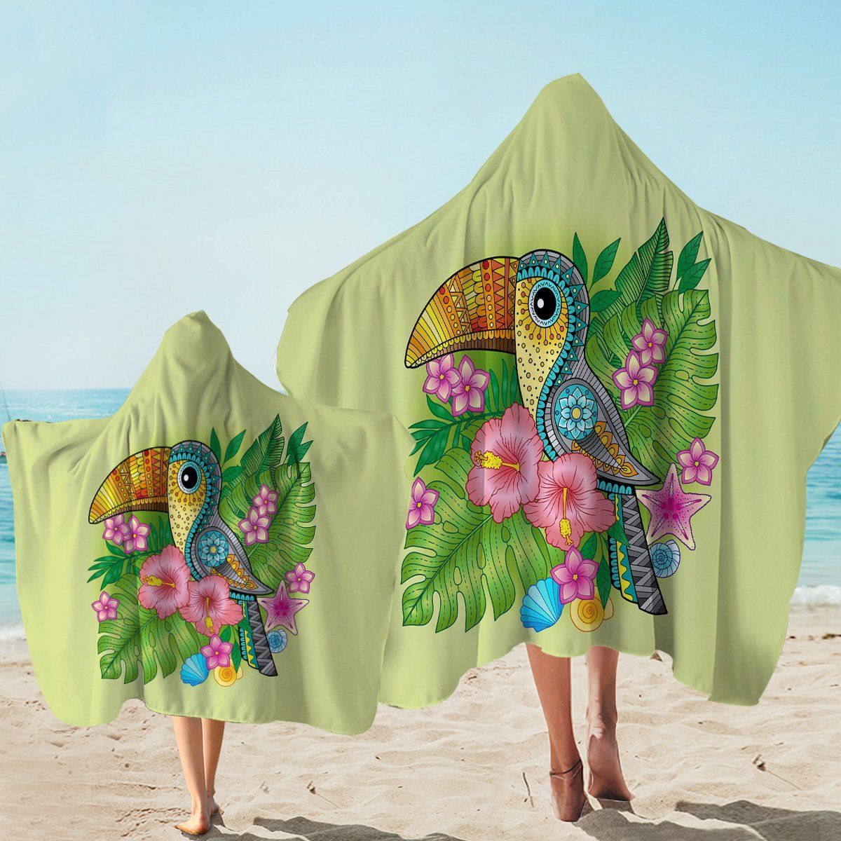 Stylized Toucan Light Green Printed Hooded Towel