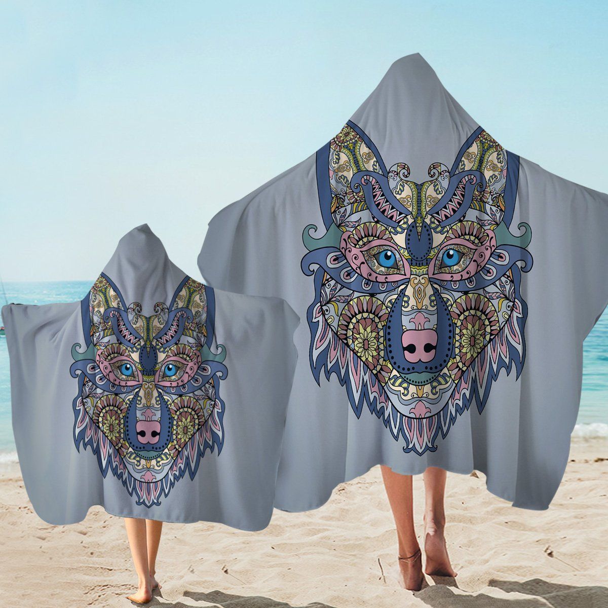 Stylized Wolf Gray Printed Hooded Towel
