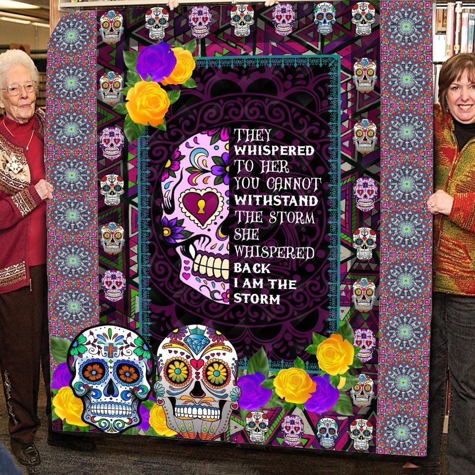 Sugar Candy Skull I Am The Storm Quilt Fleece Throw Sherpa Fleece Blanket