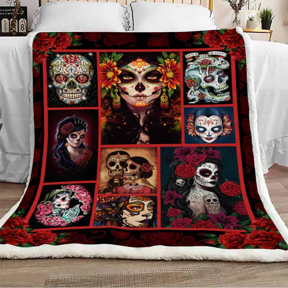 Sugar Skull And Flower Girl Sherpa Fleece Blanket