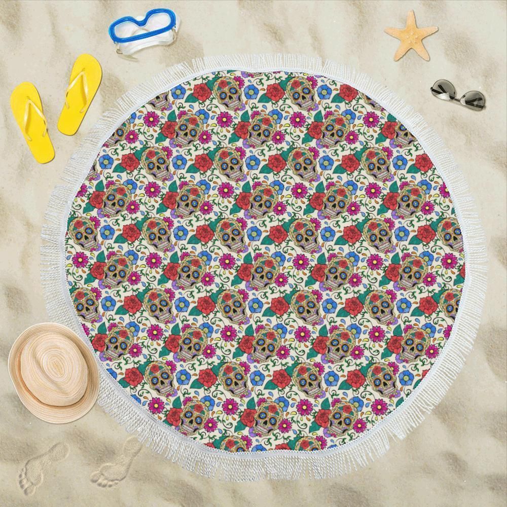 Sugar Skull Colorful Themed Printed Round Beach Towel