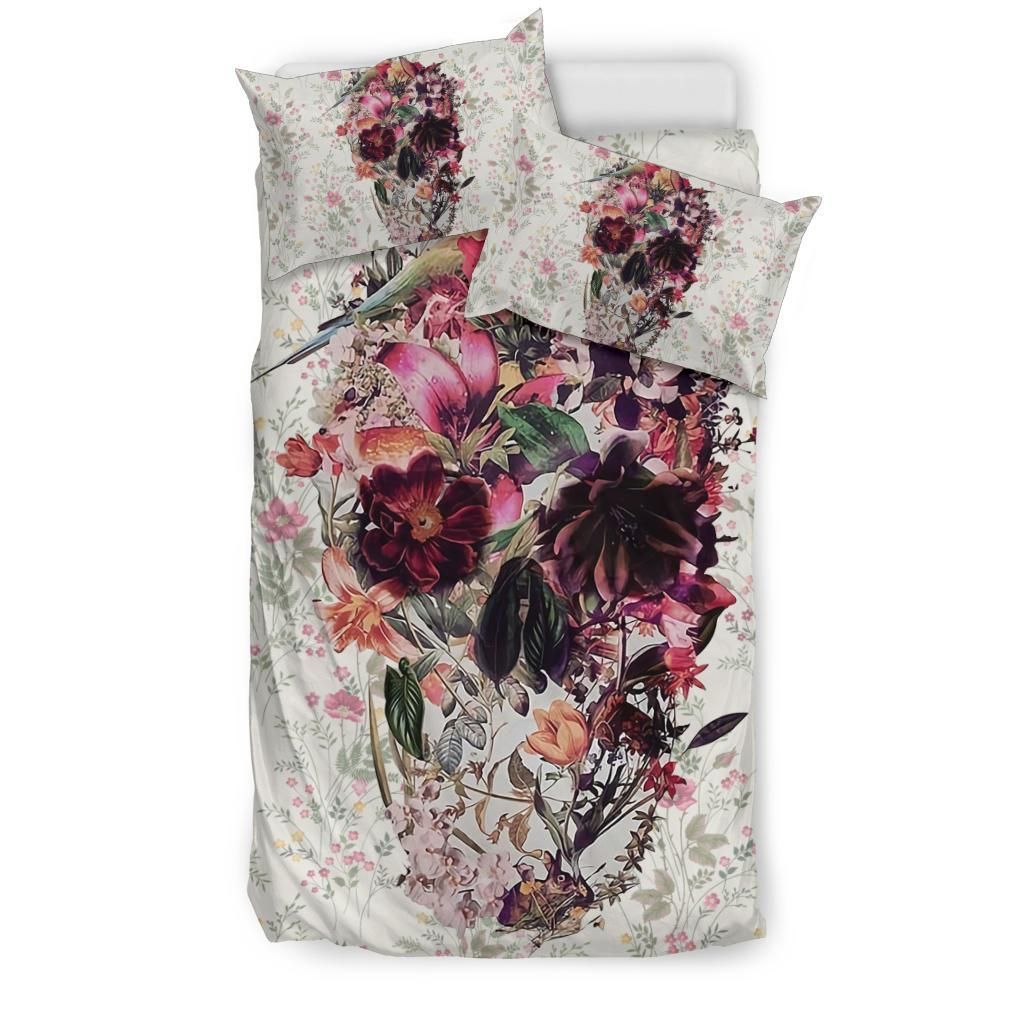 Sugar Skull Flora Pattern White Bedding Set