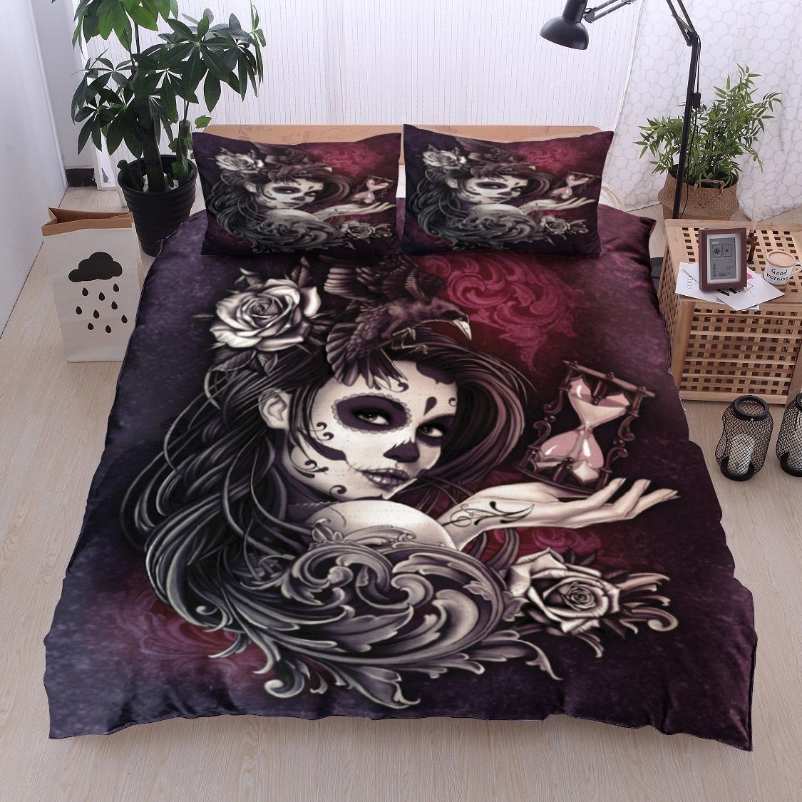 Sugar Skull Girl With Bird Bedding Set