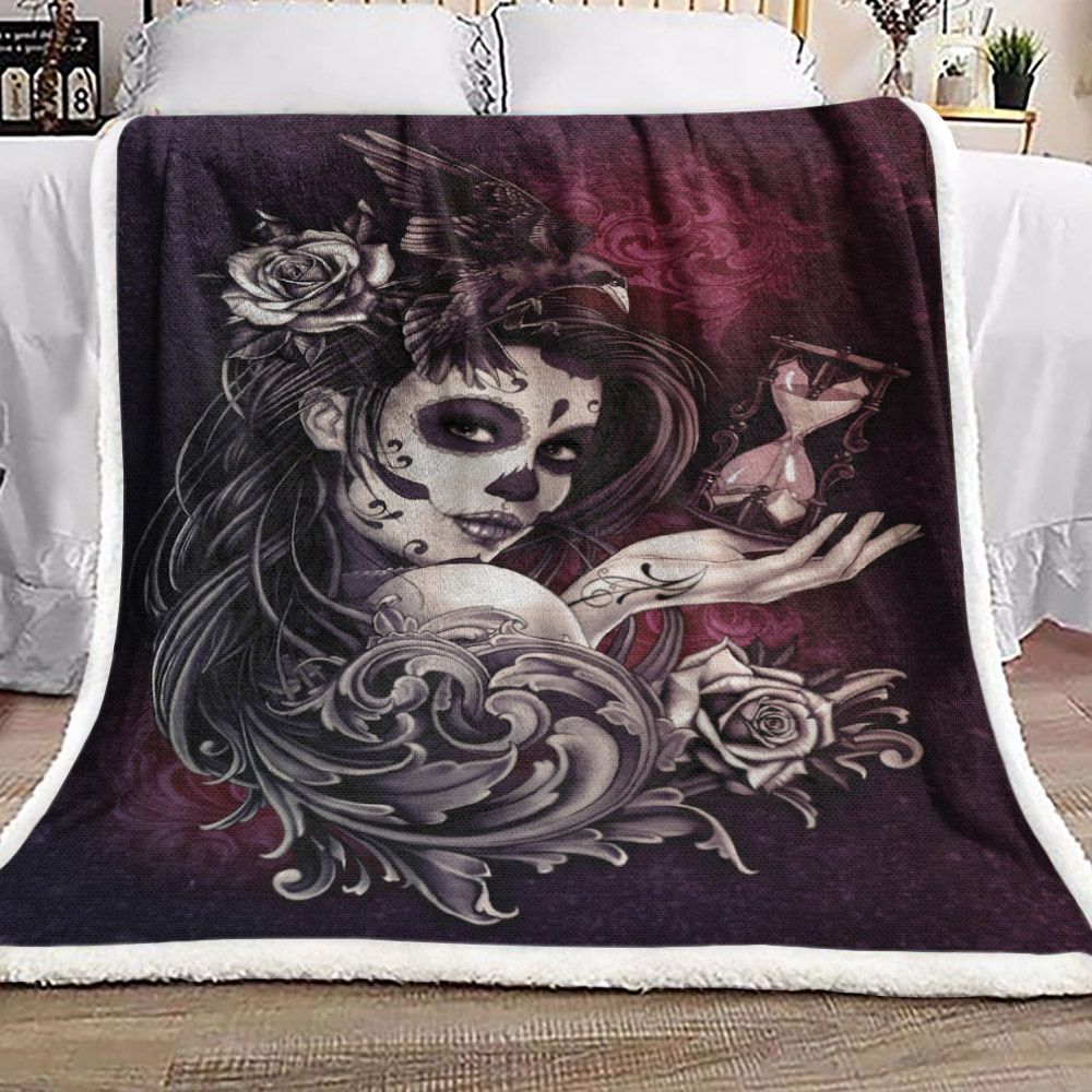 Sugar Skull Girl With Bird Sherpa Fleece Blanket