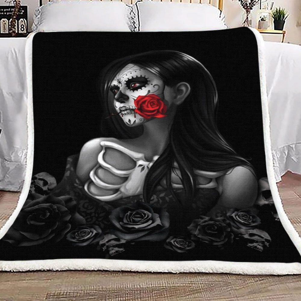 Sugar Skull Girl With Red Rose Sherpa Fleece