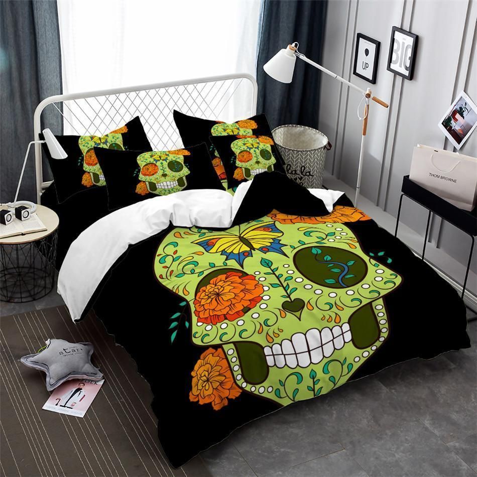 Sugar Skull Green Flowers Bedding Set