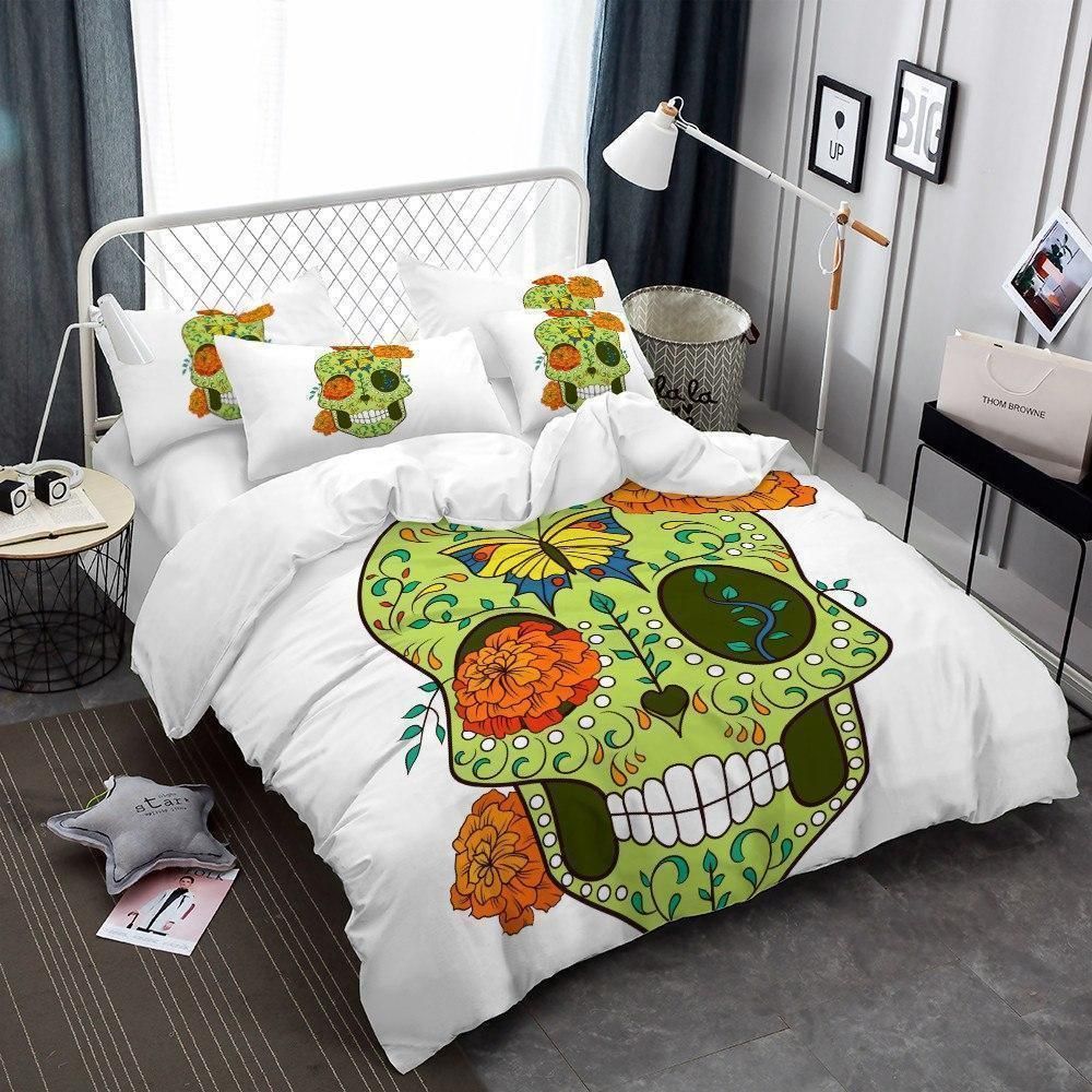 Sugar Skull Green Flowers Bedding Set