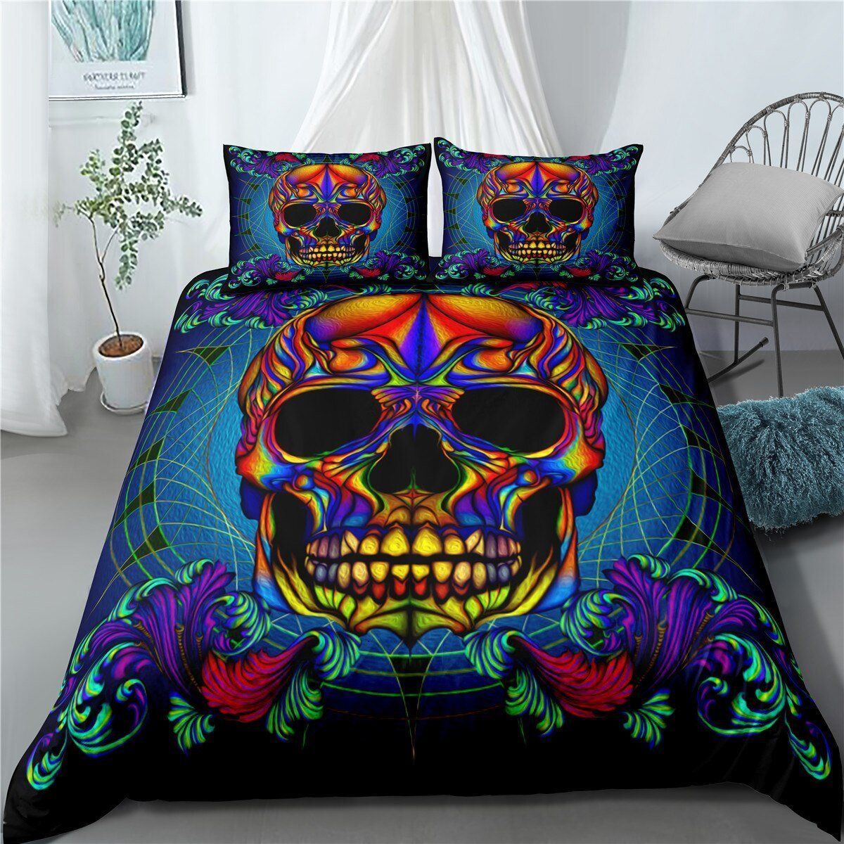 Sugar Skull Neon Colorful Printed Bedding Set