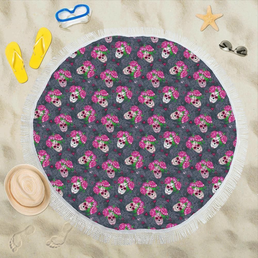 Sugar Skull Pink Rose Themed Printed Round Beach Towel
