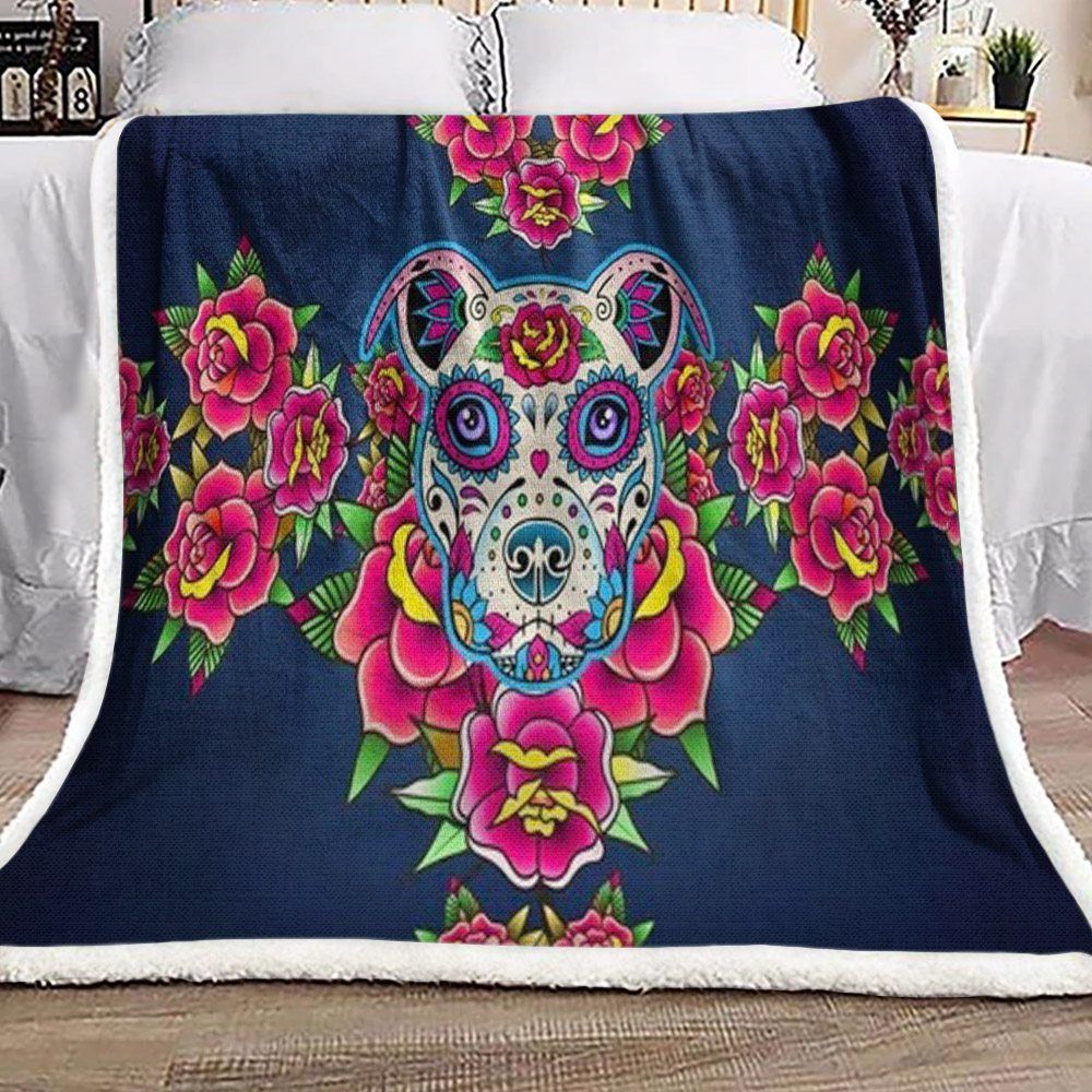 Sugar Skull Pitbull Sherpa Fleece Blanket