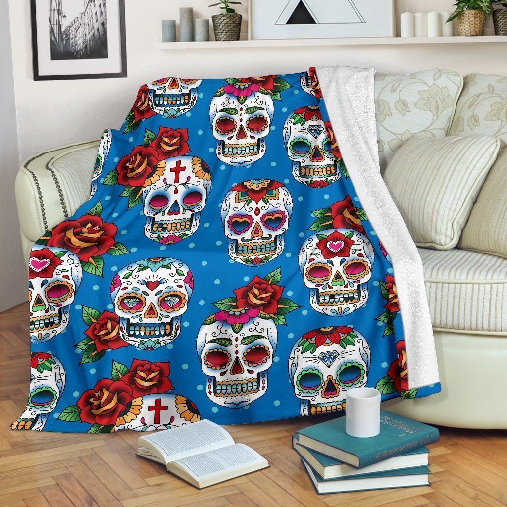 Sugar Skull Red Rose Pattern Printed Fleece Blanket