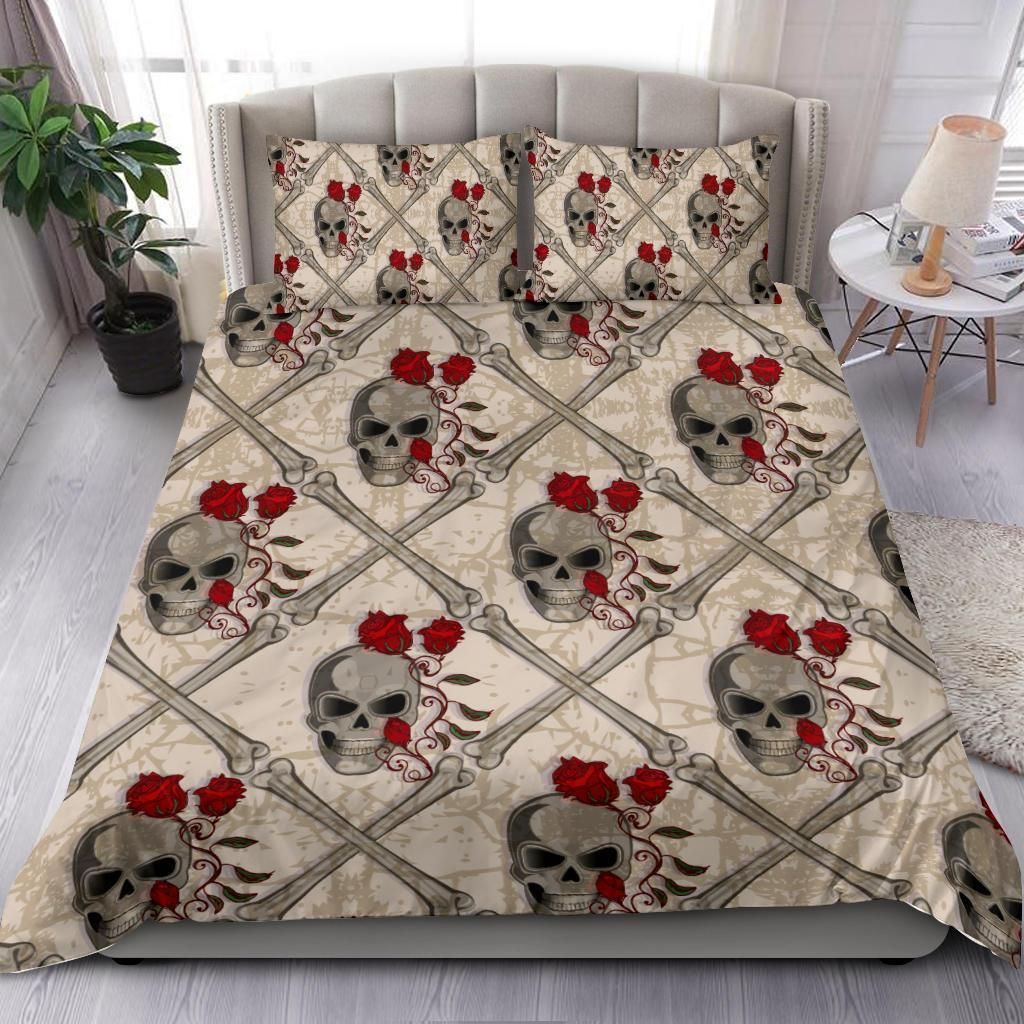 Sugar Skull Rose Pattern Bone Bedding Set