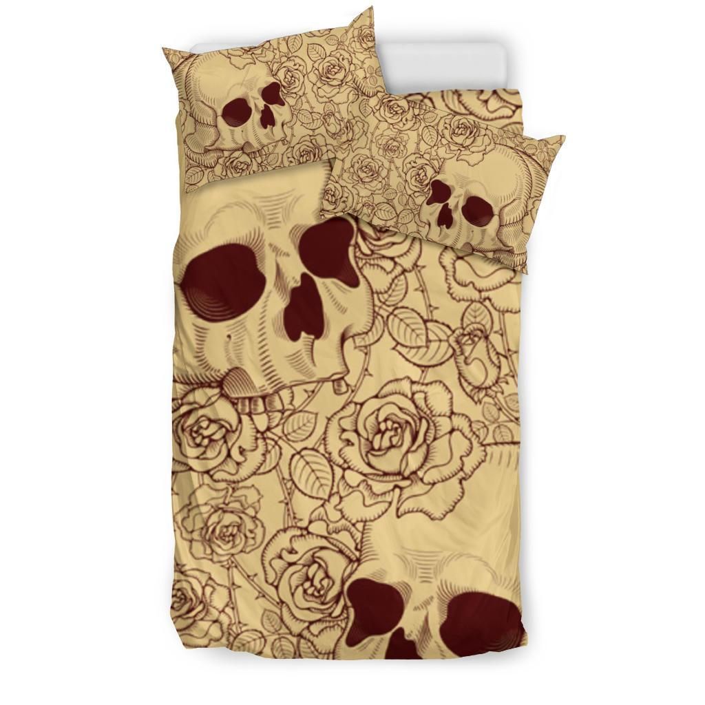 Sugar Skull Rose Pattern Taupe Bedding Set