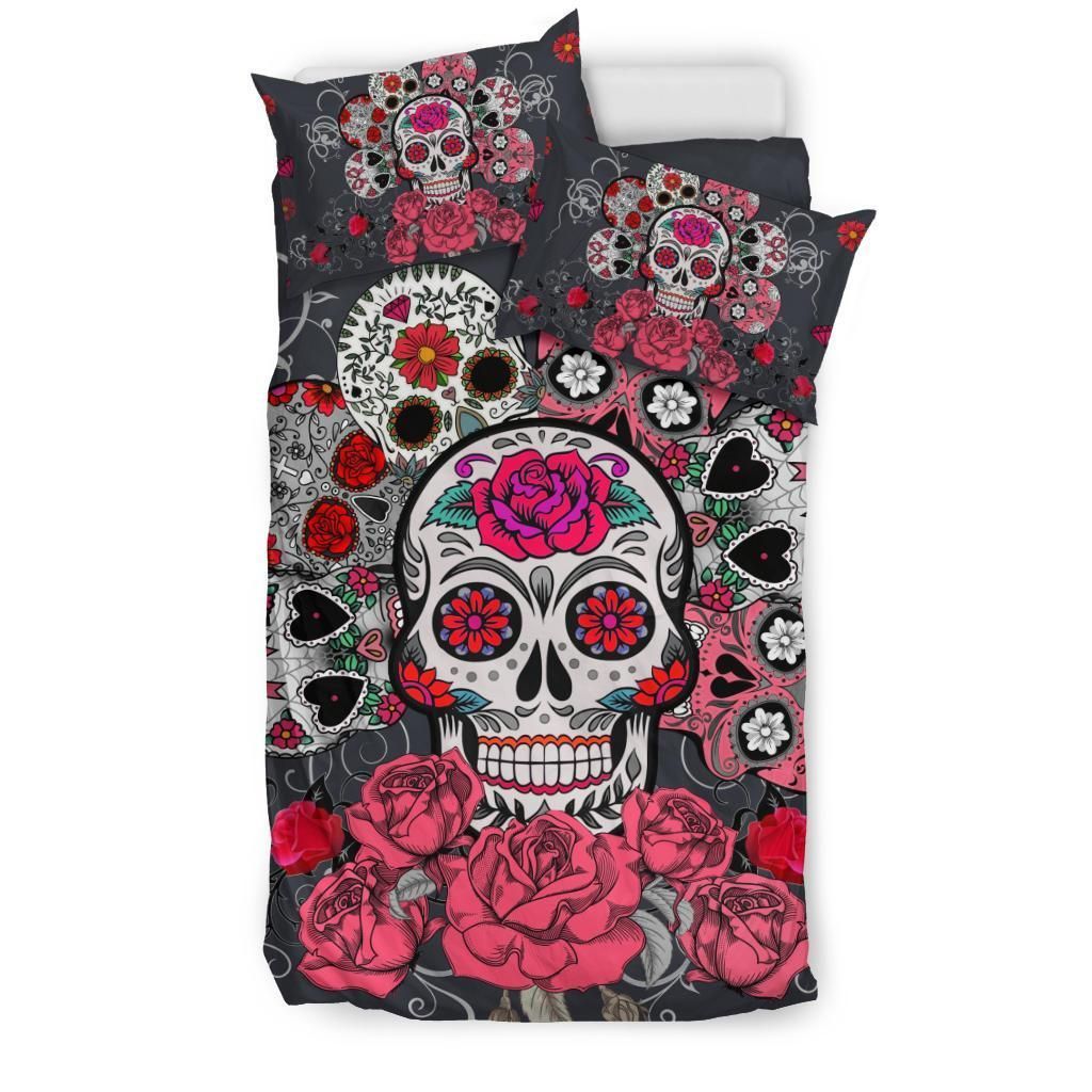 Sugar Skull With Pink Rose Pattern Bedding Set