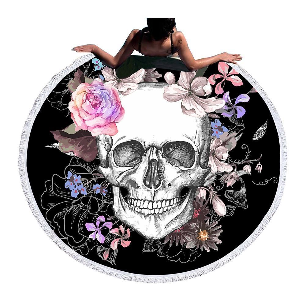Sugar Skull With Rose Pattern On Black Printed Round Beach Towel