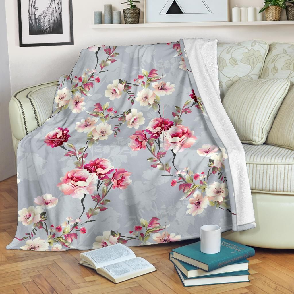 Summer Floral Pattern Print Design Grey Fleece Blanket