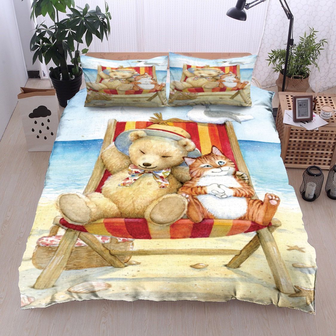 Summer Teddy Bear And Cat On Beach Bedding Set