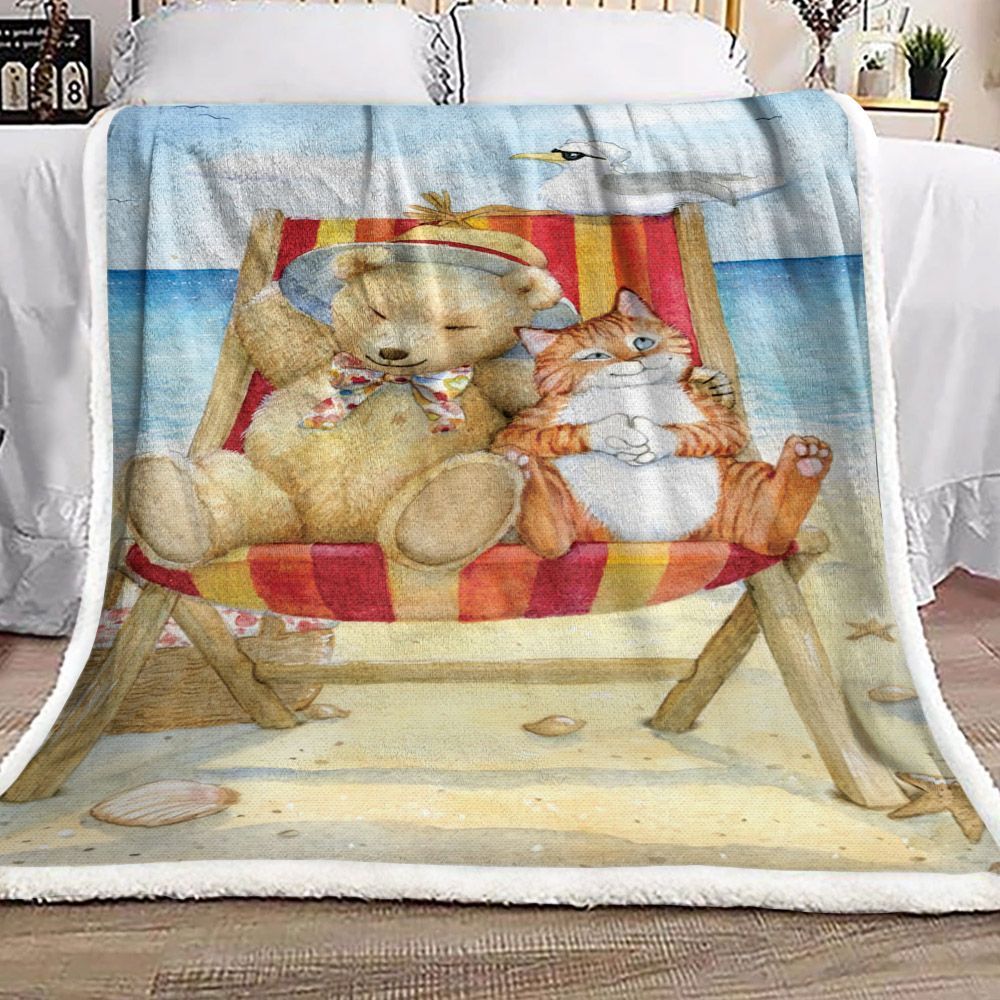 Summer Teddy Bear And Cat On Beach Sherpa Fleece Blanket