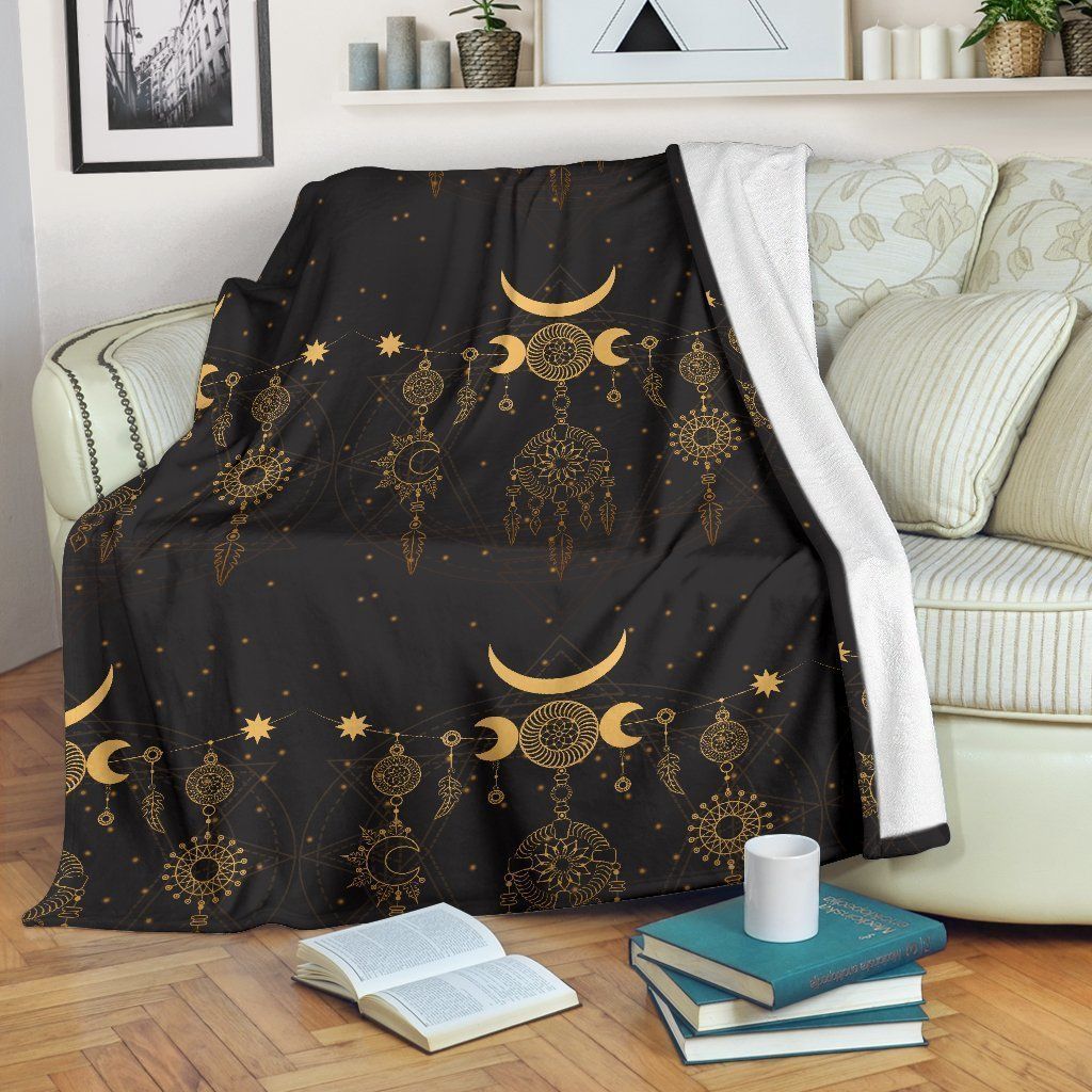 Sun Moon Boho Style Black And Yellow Fleece Blanket