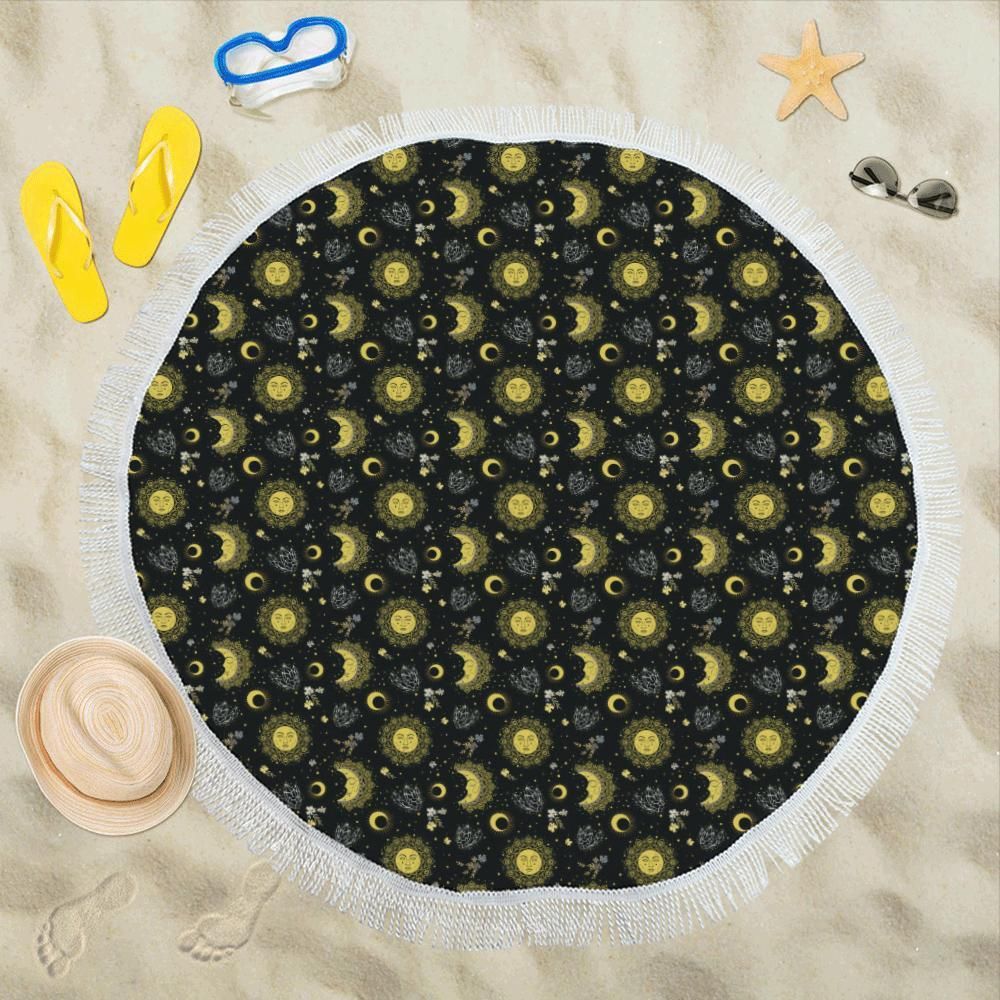 Sun Moon Golden Design Themed Printed Round Beach Towel
