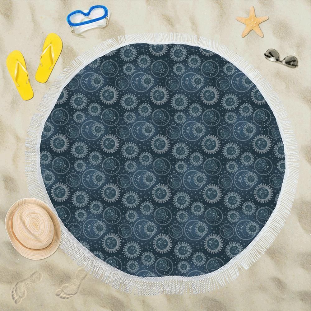 Sun Moon Tattoo Design Themed Printed Round Beach Towel