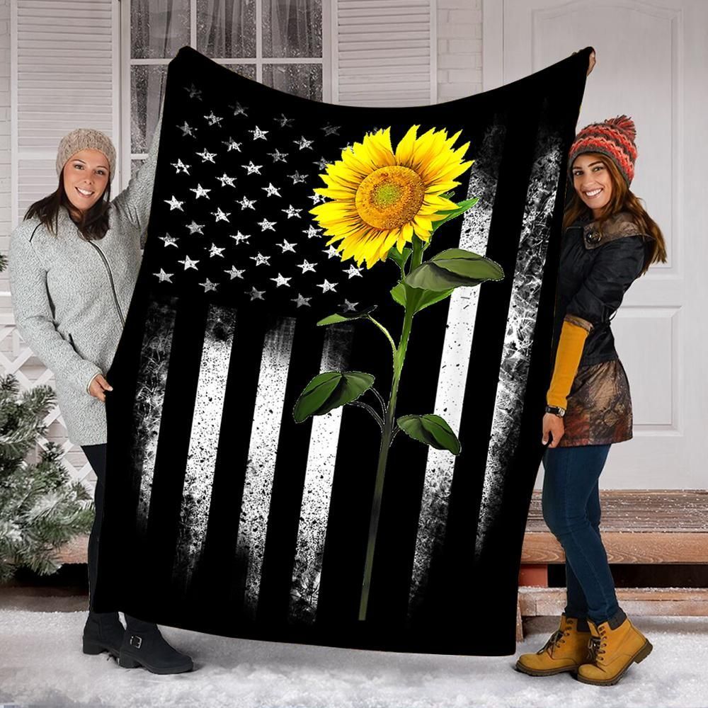 Sunflower American Flag 4Th Of July Sherpa Fleece Blanket