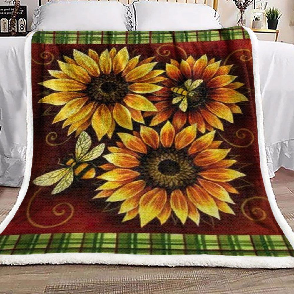 Sunflower And Bee Sherpa Fleece Blanket