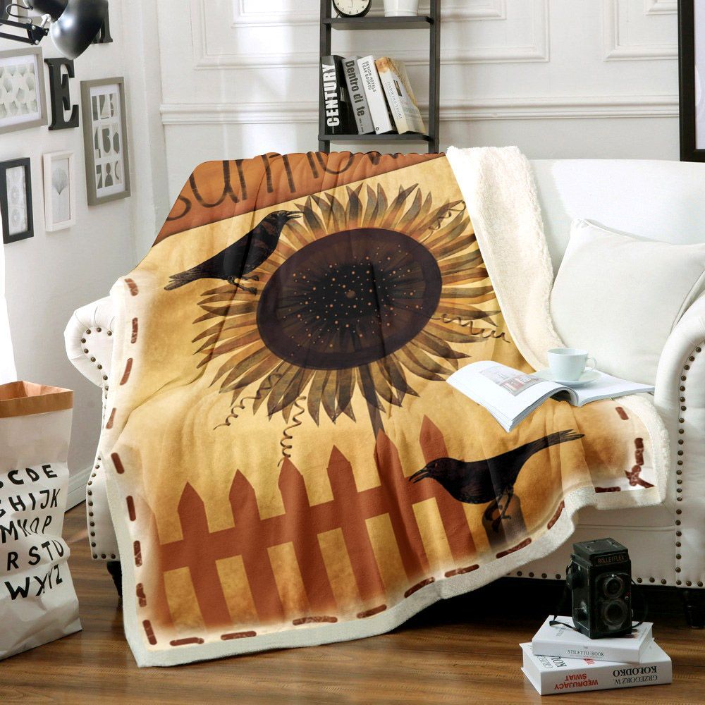Sunflower And Bird Sherpa Fleece Blanket