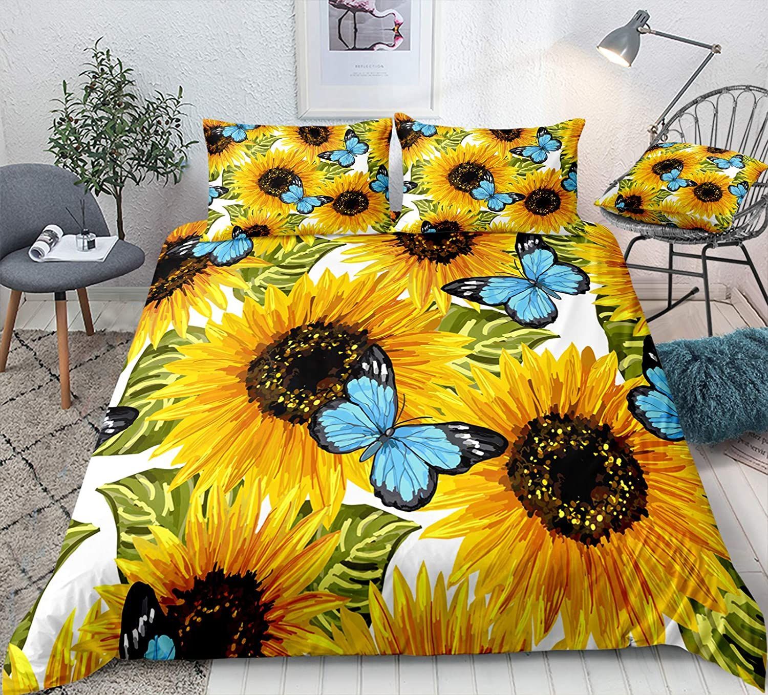 Sunflower And Blue Butterfly Bedding Set