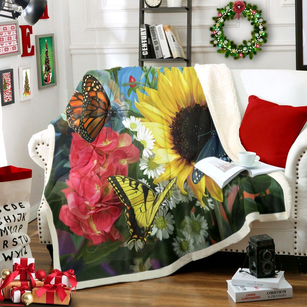 Sunflower And Butterfly Sherpa Fleece Blanket