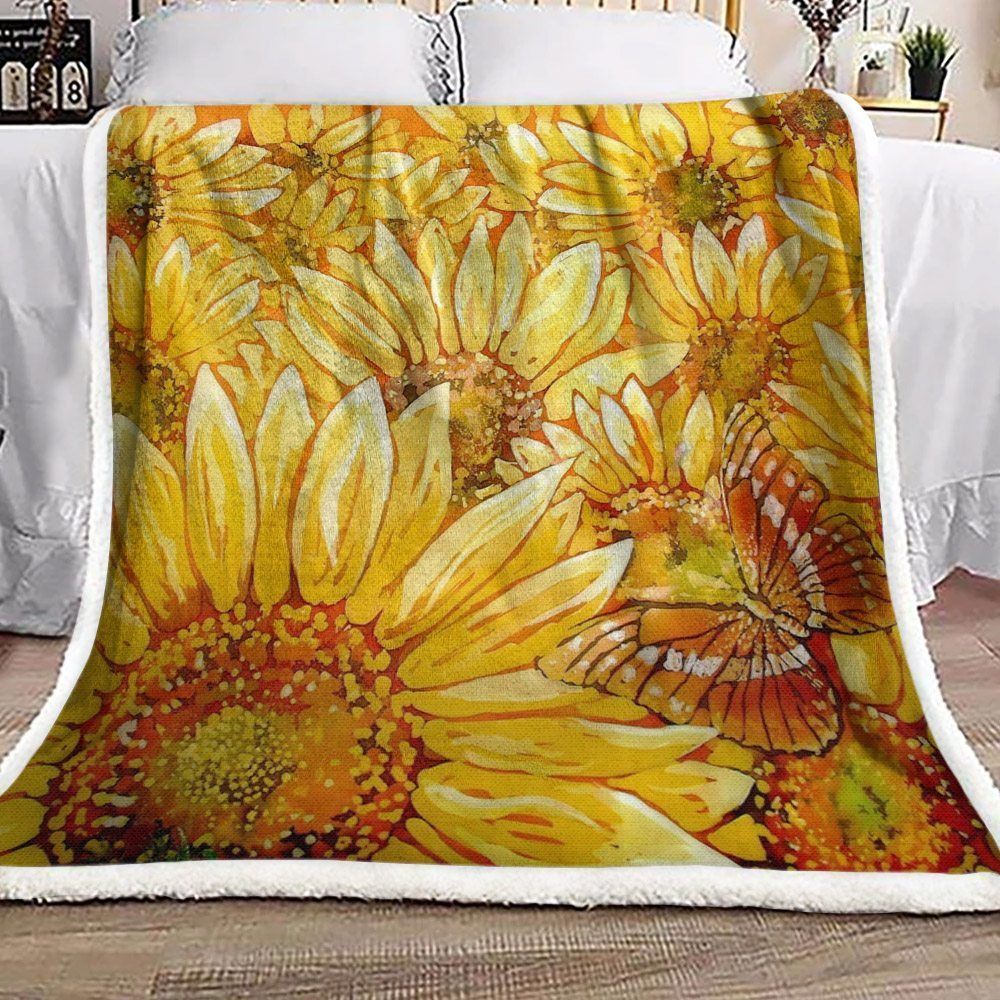 Sunflower And Butterfly Sherpa Fleece Blanket