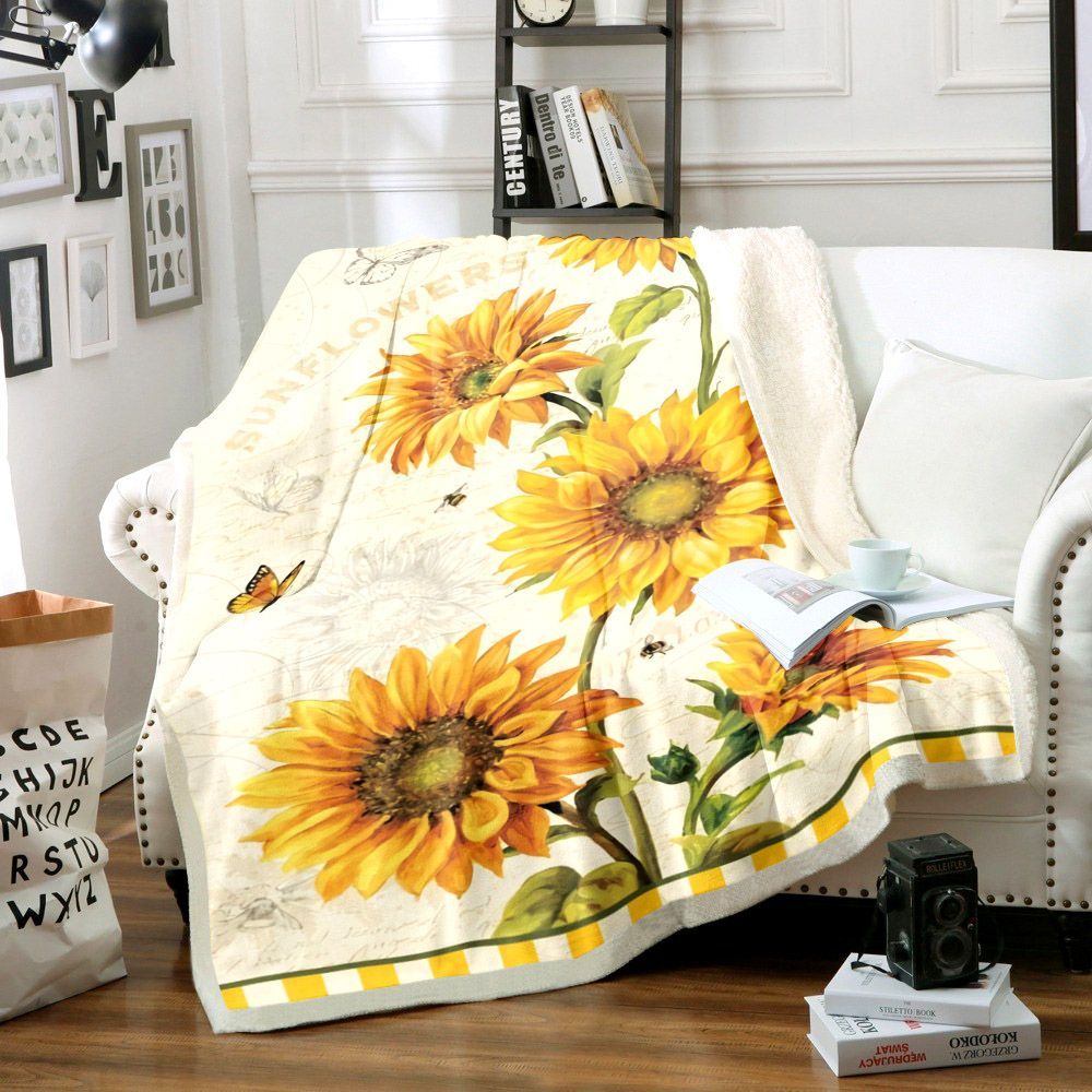 Sunflower And Butterfly Sherpa Fleece Blanket